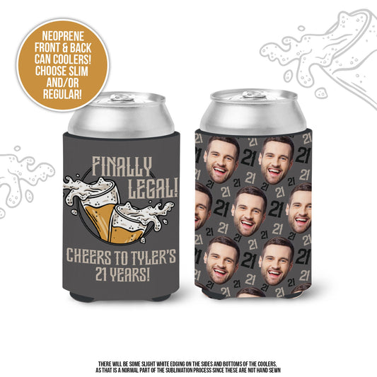 21st birthday slim or regular can coolies | finally legal personalized photo can coolers | cheers to 21 years birthday party favor | MCC-192