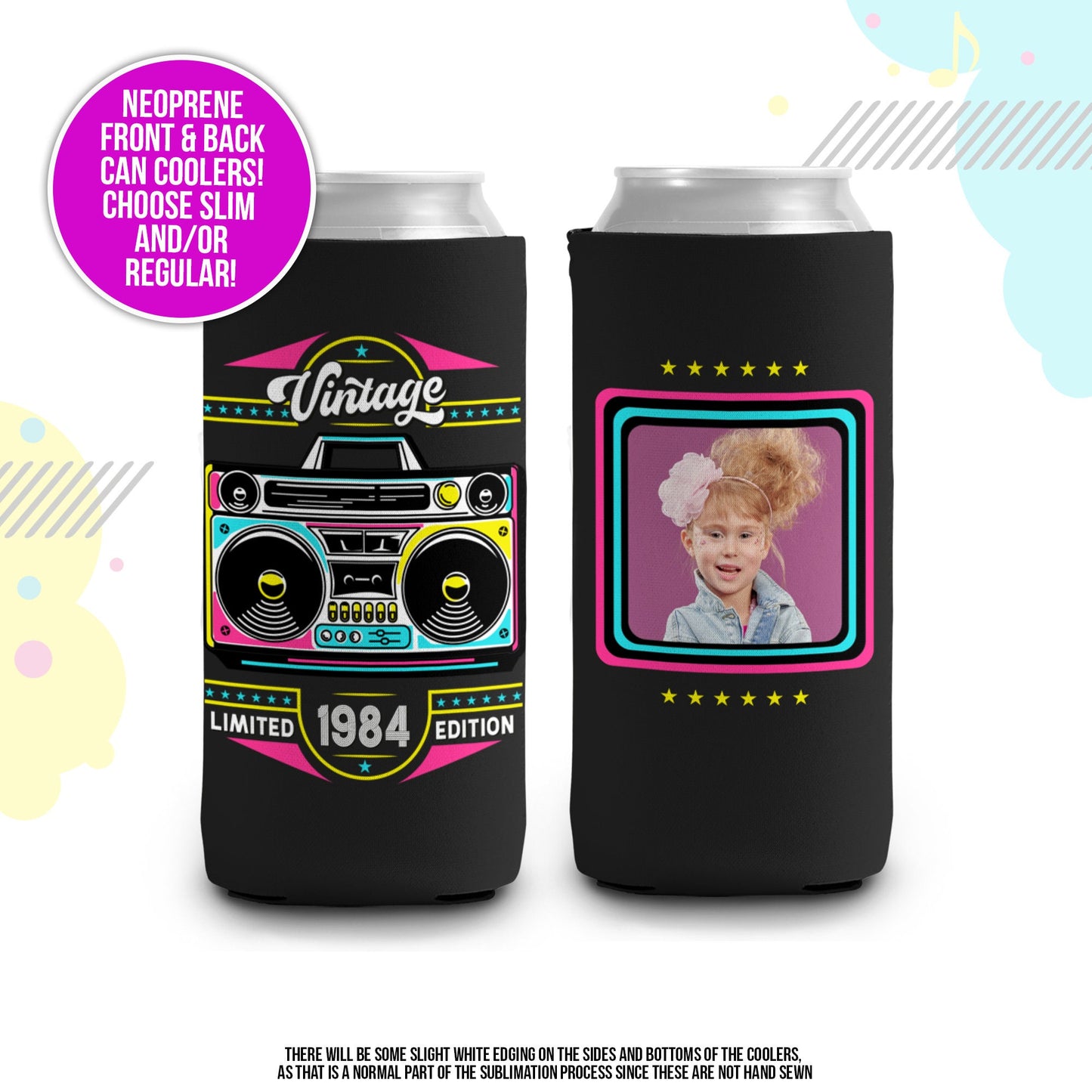 Boombox 40th birthday photo slim or regular can coolie | personalized nostalgia can cooler | any age birthday party favor can cooler MCC-274