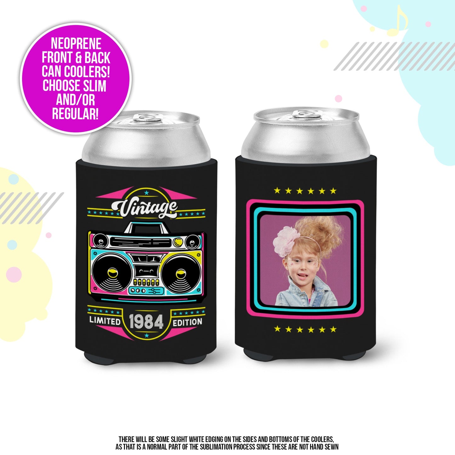 Boombox 40th birthday photo slim or regular can coolie | personalized nostalgia can cooler | any age birthday party favor can cooler MCC-274