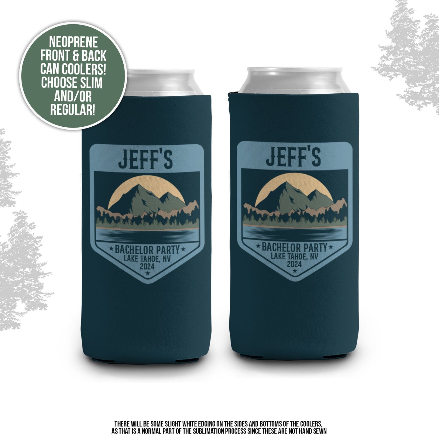 Bachelor party can coolies | lake and mountains bachelor personalized beverage insulators | slim or regular can size party favors MCC-282