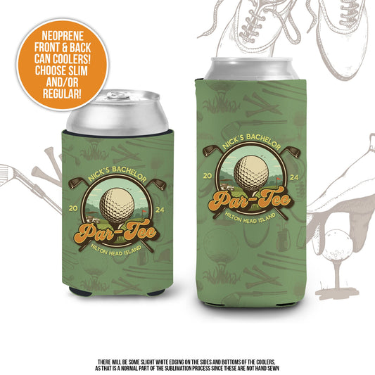 Golf Bachelor party can coolies | personalized golf trip bachelor par-tee beverage insulator | slim or regular can size golf party favors MCC-307