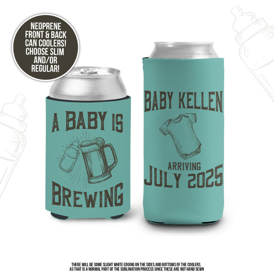 Baby shower can coolies | baby brewing personalized beverage insulators | baby shower slim or regular can size party favors MCC-050