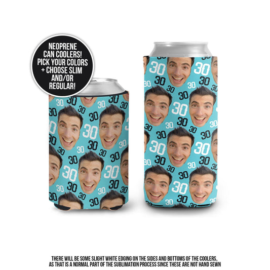 30th birthday picture face can coolies funny tiny face repeating can coolers custom birthdays and party favors slim or regular size