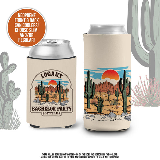 Bachelor party can coolies | desert cactus personalized beverage insulators | slim or regular can size party favors MCC-315