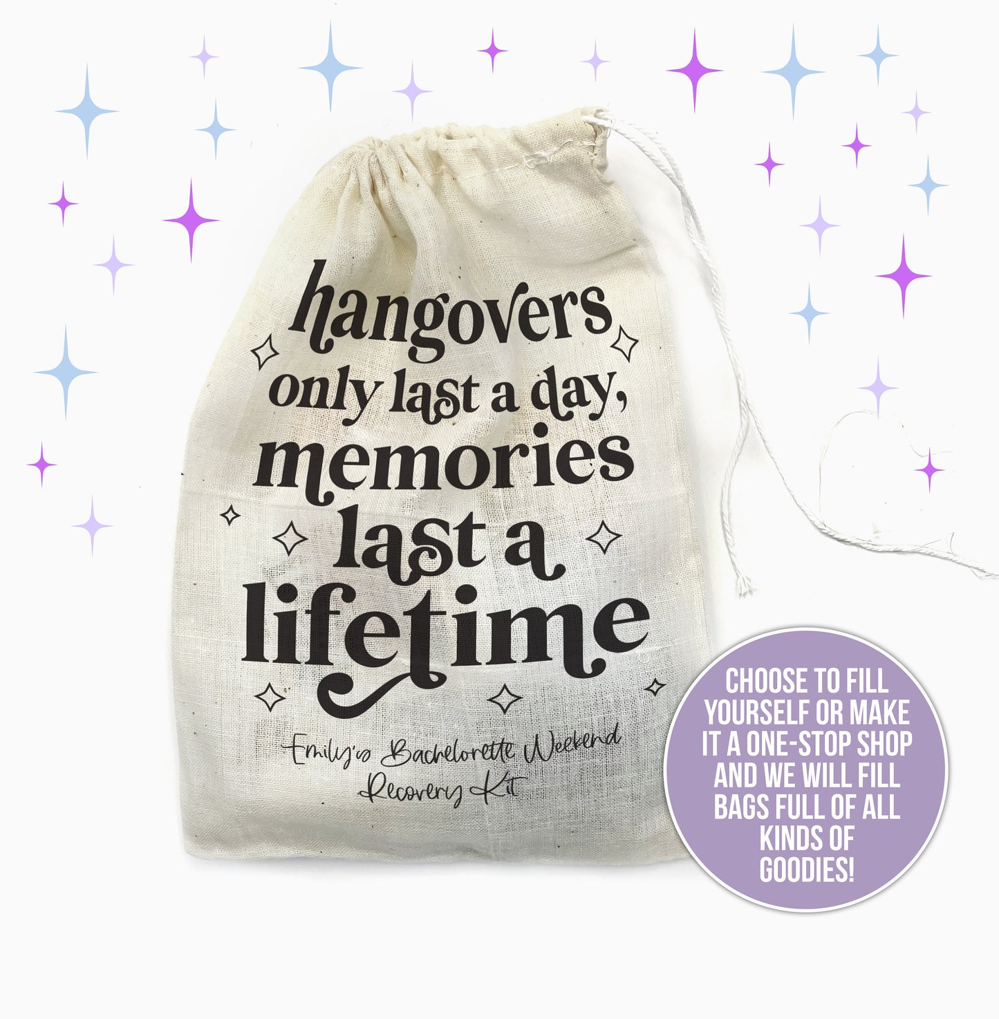 bachelorette recovery kit party favors hangovers last a day memories last a lifetime muslin bag only or complete recovery hangover kit bag