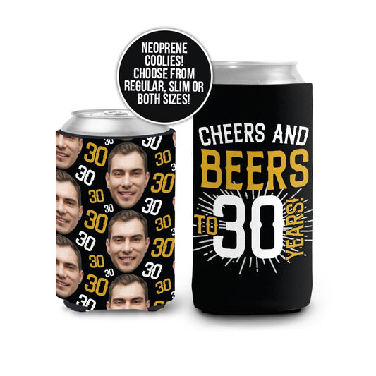 cheers and beers to 30 years custom face can coolies with age and face 30th 40th 50th 60th birthday party can coolie favors