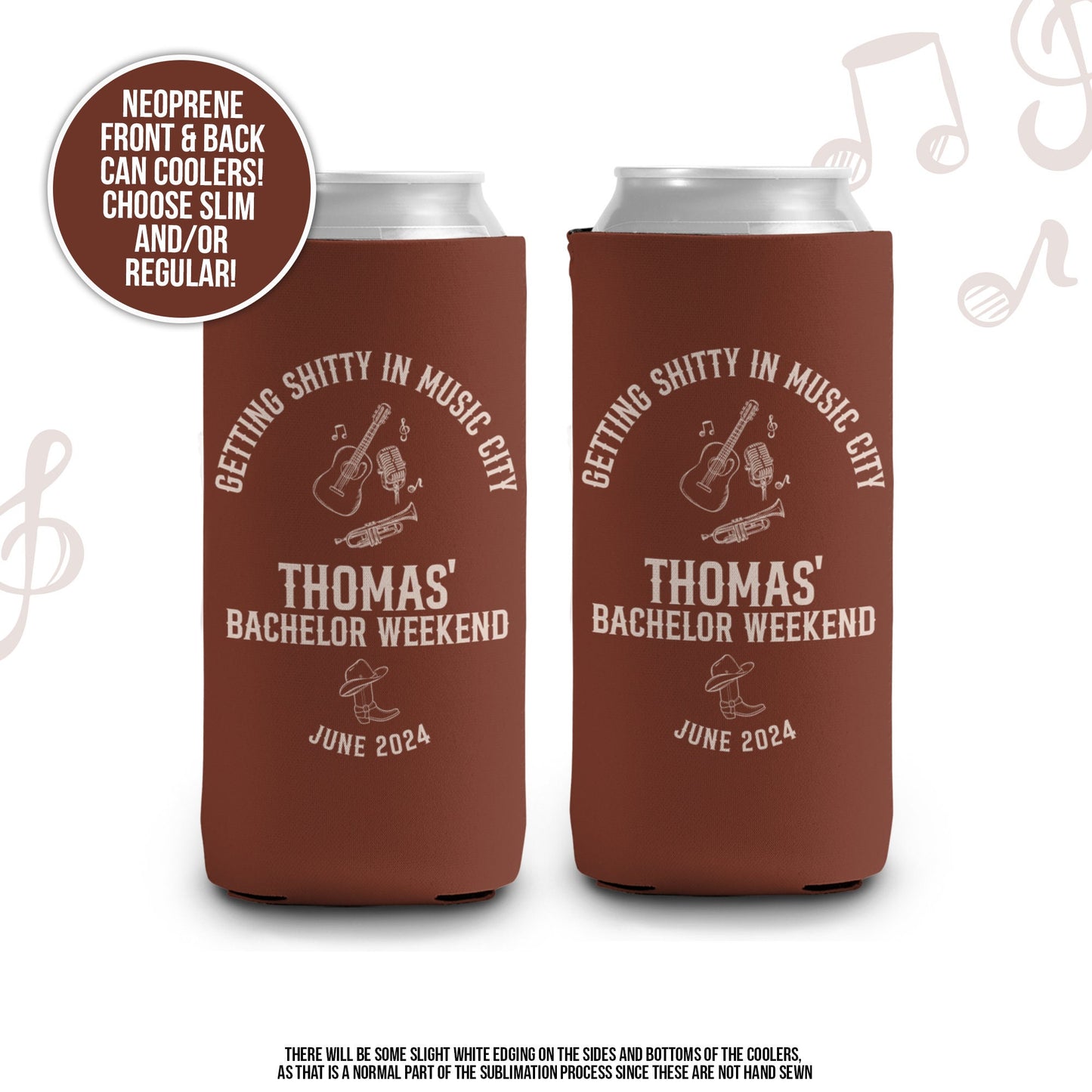 Bachelor party can coolies | Nashville Music City beverage insulators | personalized slim or regular can size party favors MCC-228