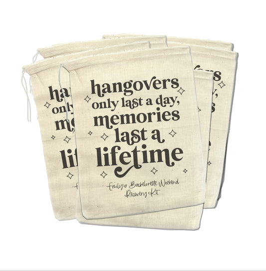 bachelorette recovery kit party favors hangovers last a day memories last a lifetime muslin bag only or complete recovery hangover kit bag