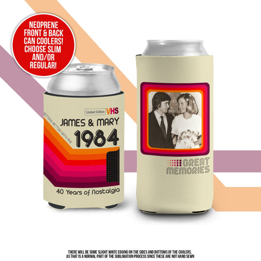 wedding anniversary party favors slim or regular can coolie | personalized great memories nostalgia can cooler retro anniversary MCC-172-A
