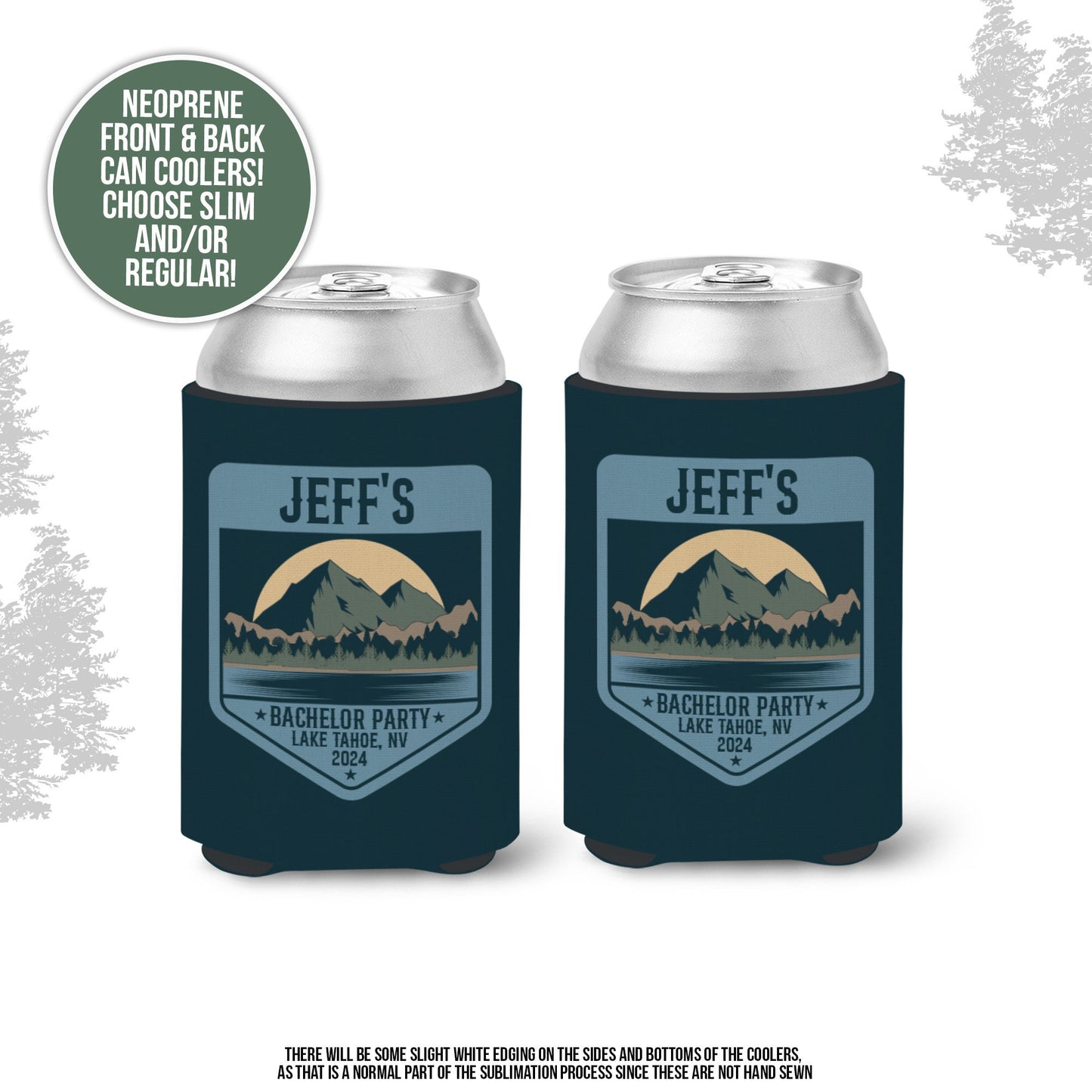 Bachelor party can coolies | lake and mountains bachelor personalized beverage insulators | slim or regular can size party favors MCC-282
