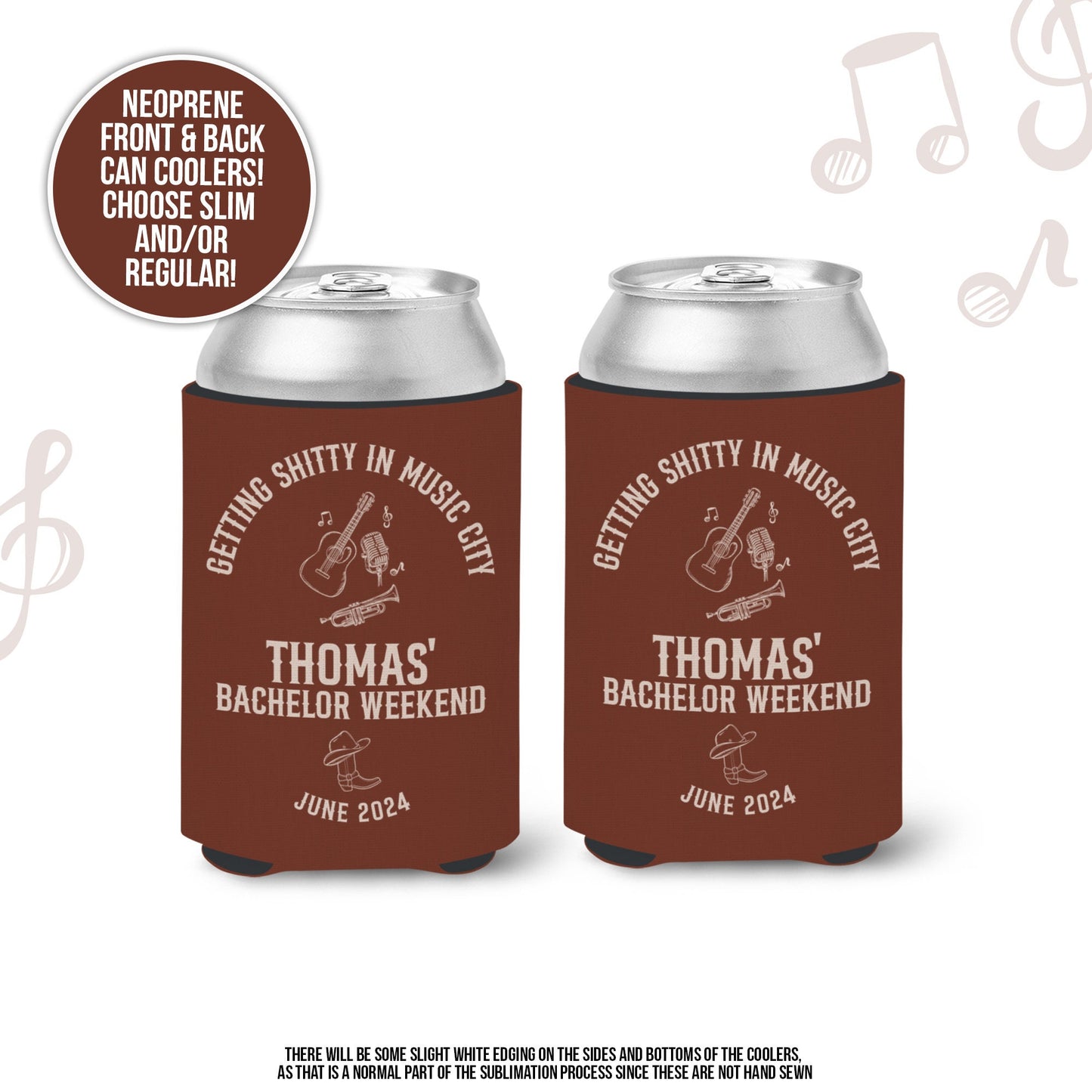 Bachelor party can coolies | Nashville Music City beverage insulators | personalized slim or regular can size party favors MCC-228