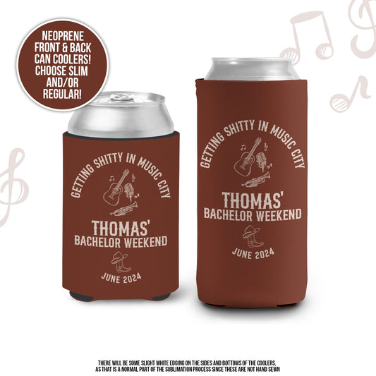 Bachelor party can coolies | Nashville Music City beverage insulators | personalized slim or regular can size party favors MCC-228