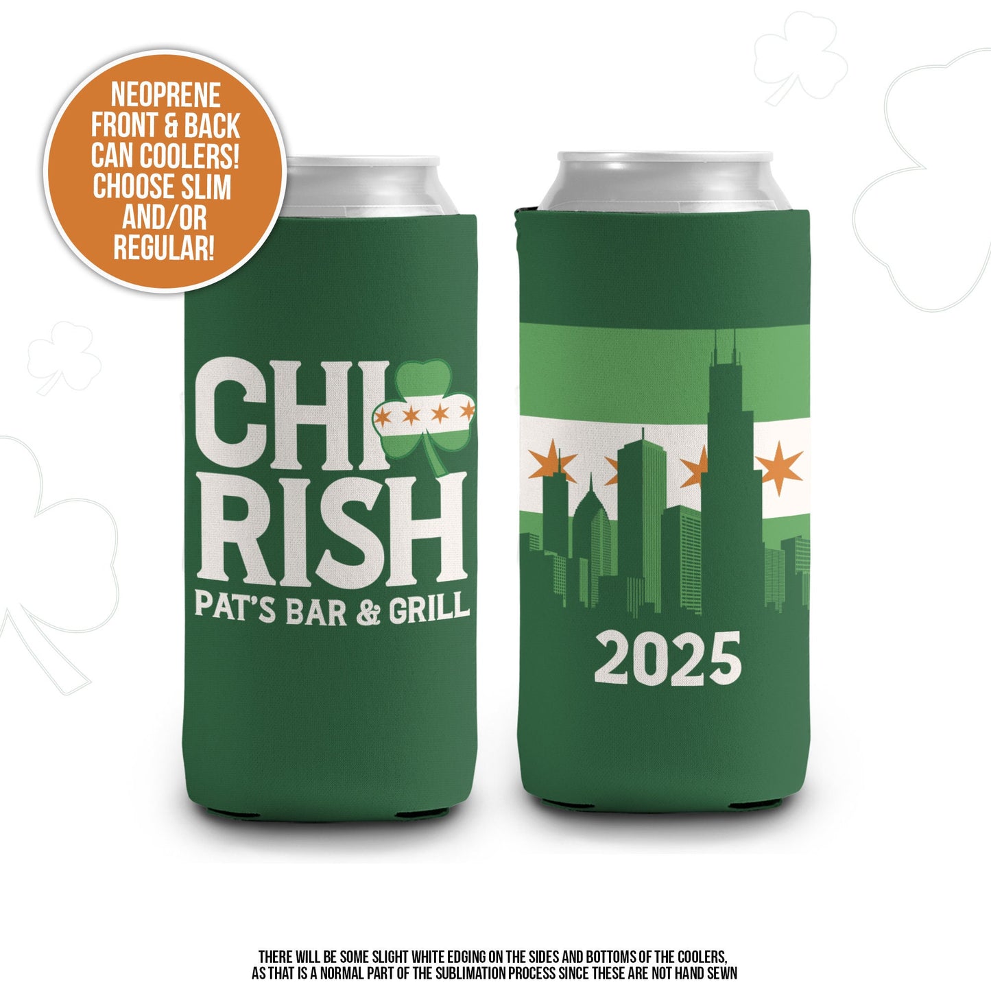 St. Patrick's Day can coolers hugs coolies chicago themed chi-rish st pats party can coolies huggies regular and slim sizes chicago MCC-179