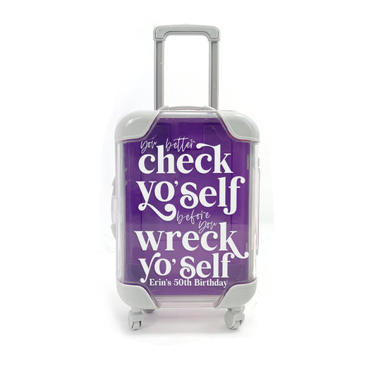 check yourself funny mini suitcase travel kit for milestone birthdays bachelor parties weddings DIY fill with favorite travel essentials