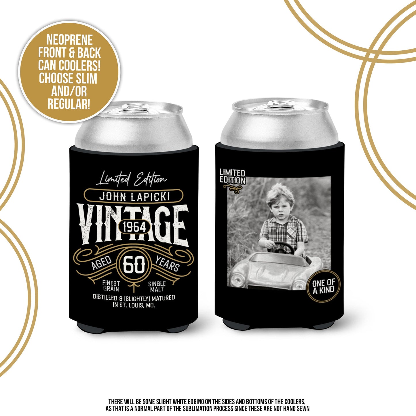 40th 50th 60th birthday photo regular or slim can coolies | vintage limited edition personalized can cooler | birthday party favor MCC-177