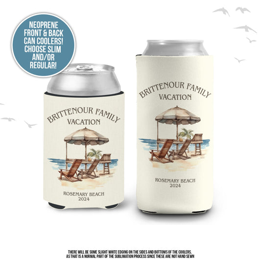 Family vacation can coolies | beach coolies for family reunion | beach chairs umbrella vacation coolies | regular or slim coolies | MCC-233