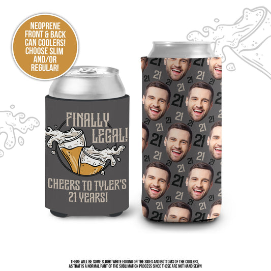 21st birthday slim or regular can coolies | finally legal personalized photo can coolers | cheers to 21 years birthday party favor | MCC-192