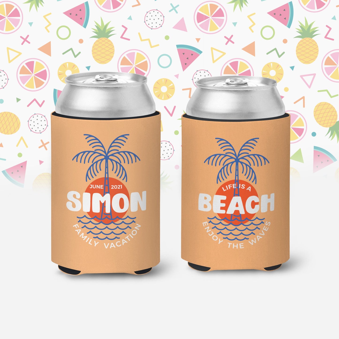 Vacation can coolies | life is a beach family vacation can coolers | enjoy the waves personalized slim or regular size can coolies MCC-158