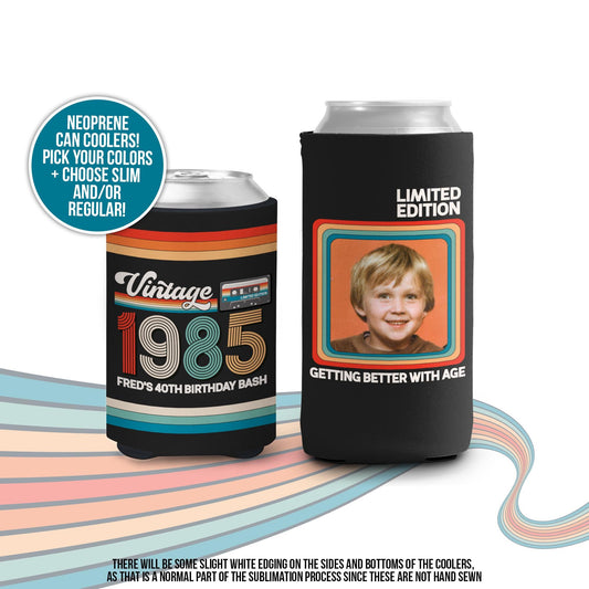 40th birthday photo slim or regular can coolie | personalized classic nostalgia can cooler | any age birthday party favor can cooler retro