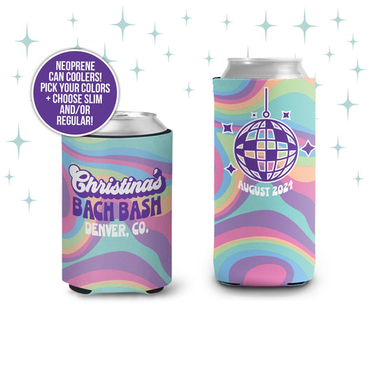 disco groovy colorful bachelorette can coolies wavy colors personalized custom bachelorette party favors can coolers hugs regular or slim