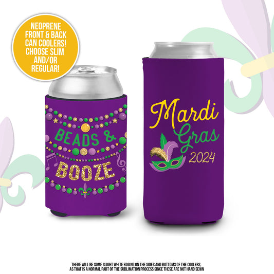 Mardi Gras party can coolies | beads & booze regular or slim can coolies | beverage insulators for mardi gras parade and parties MCC-072