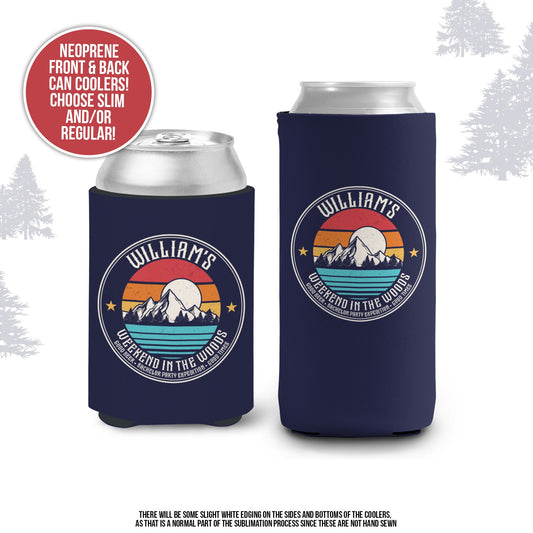 Bachelor party can coolies | weekend in the woods camping personalized beverage insulators | slim or regular can size party favors MCC-122