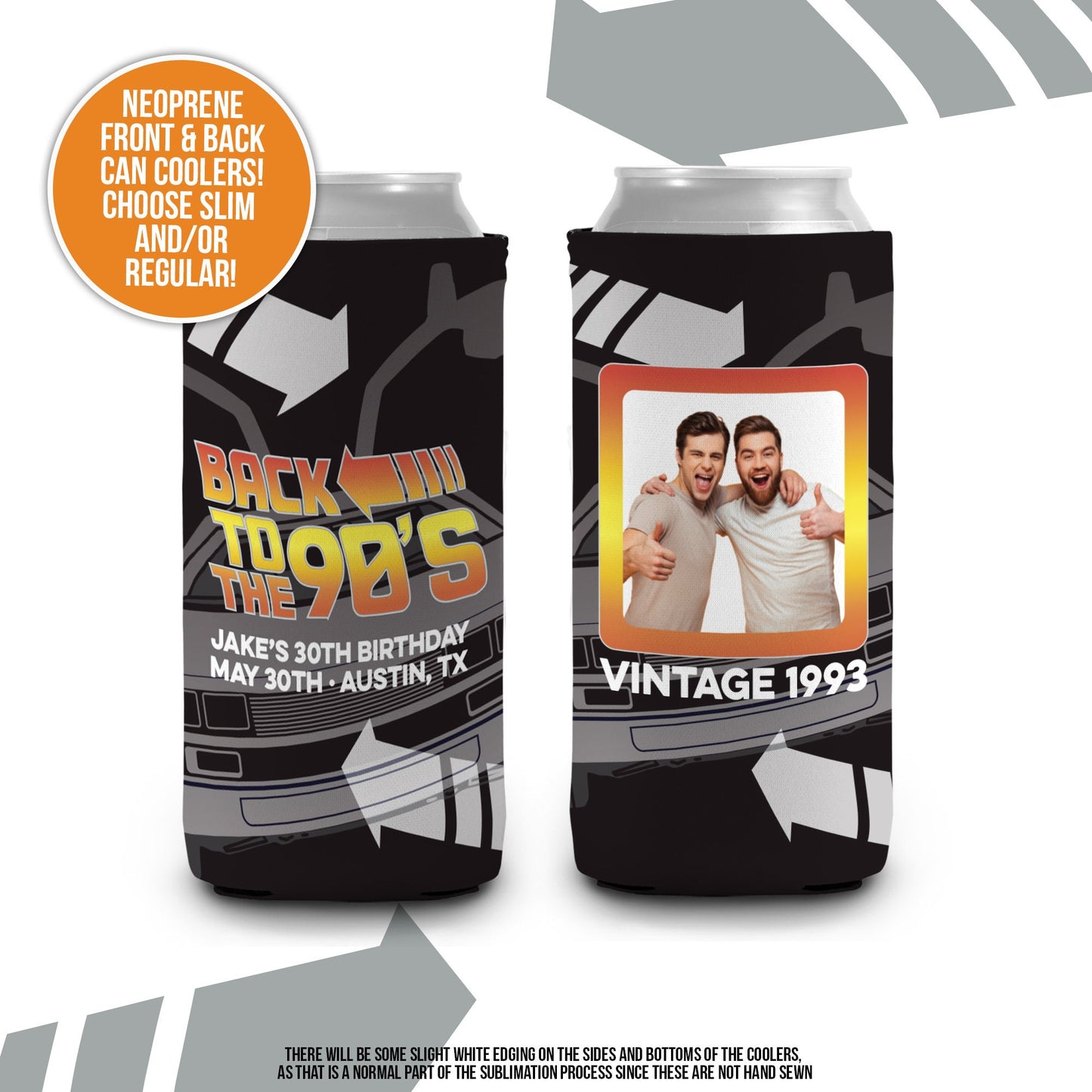 Back to the 90's birthday photo slim or regular can coolie | personalized nostalgia can cooler | any age birthday party favor MCC-138-B