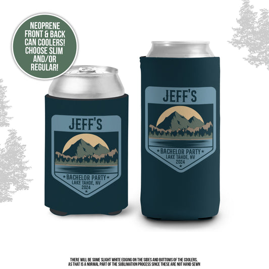 Bachelor party can coolies | lake and mountains bachelor personalized beverage insulators | slim or regular can size party favors MCC-282