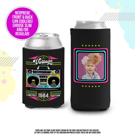 Boombox 40th birthday photo slim or regular can coolie | personalized nostalgia can cooler | any age birthday party favor can cooler MCC-274