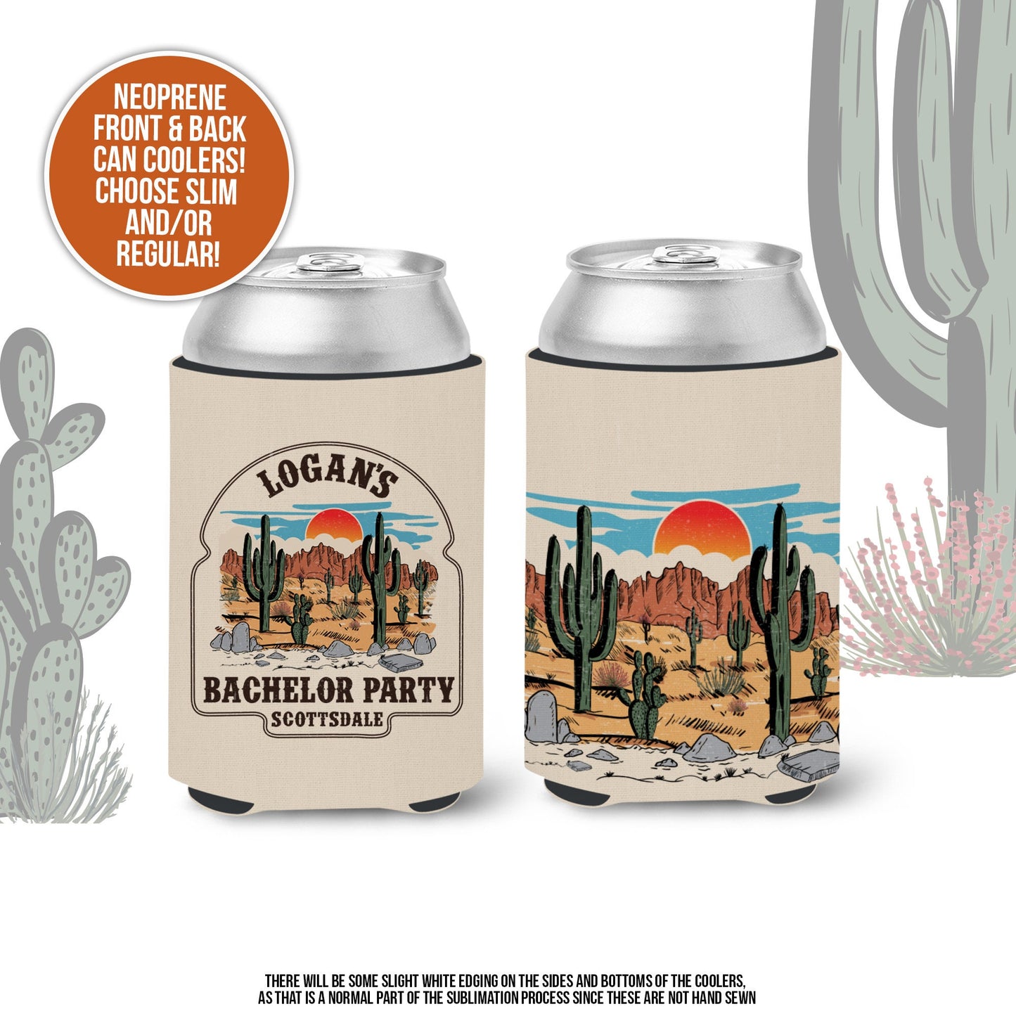 Bachelor party can coolies | desert cactus personalized beverage insulators | slim or regular can size party favors MCC-315