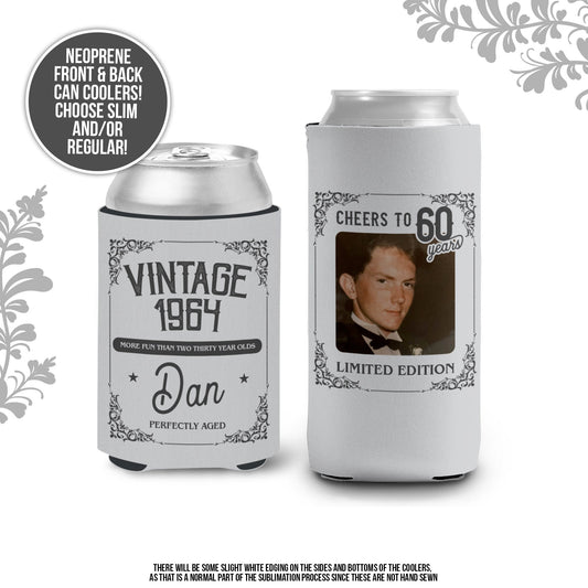 60th birthday photo can coolie | limited edition cheers to 60 years personalized slim or regular can cooler | any age party favor MCC-055