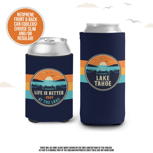 Vacation can coolies | life is better at the lake vacation can coolers | lake trip personalized slim or regular size can coolies MCC-278