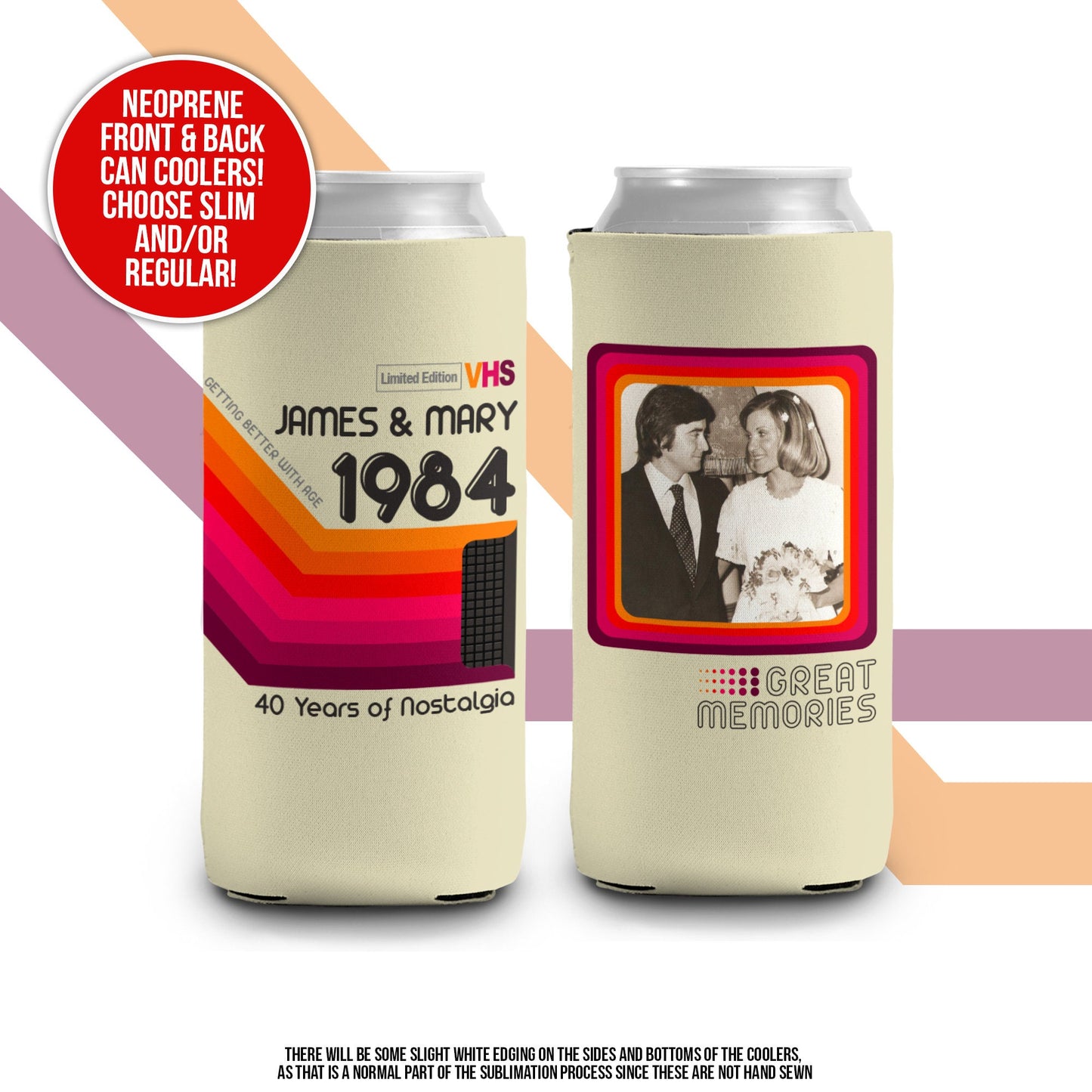 wedding anniversary party favors slim or regular can coolie | personalized great memories nostalgia can cooler retro anniversary MCC-172-A