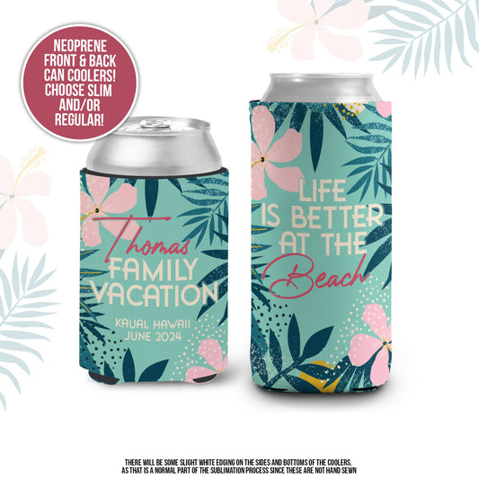 Tropical family vacation can coolies | coolies for family reunion | beachy family vacation coolies | Regular or Slim coolies | MCC-231