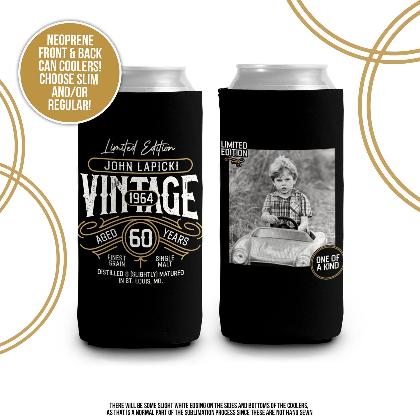 40th 50th 60th birthday photo regular or slim can coolies | vintage limited edition personalized can cooler | birthday party favor MCC-177