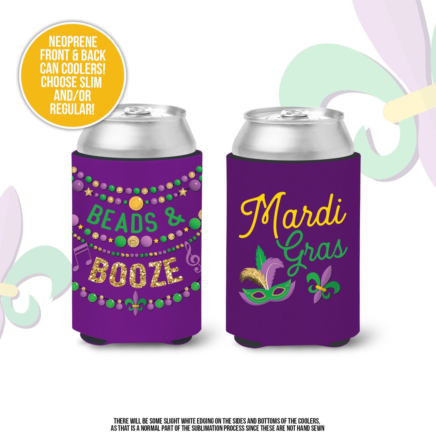 Mardi Gras party can coolies | beads & booze regular or slim can coolies | beverage insulators for mardi gras parade and parties MCC-072