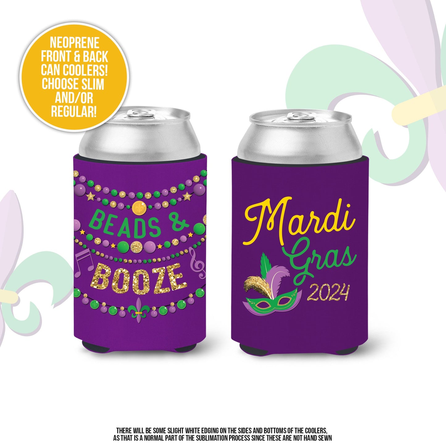 Mardi Gras party can coolies | beads & booze regular or slim can coolies | beverage insulators for mardi gras parade and parties MCC-072