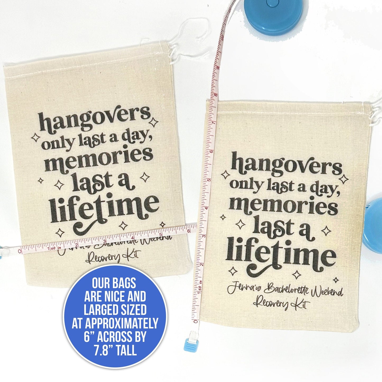 bachelorette recovery kit party favors hangovers last a day memories last a lifetime muslin bag only or complete recovery hangover kit bag