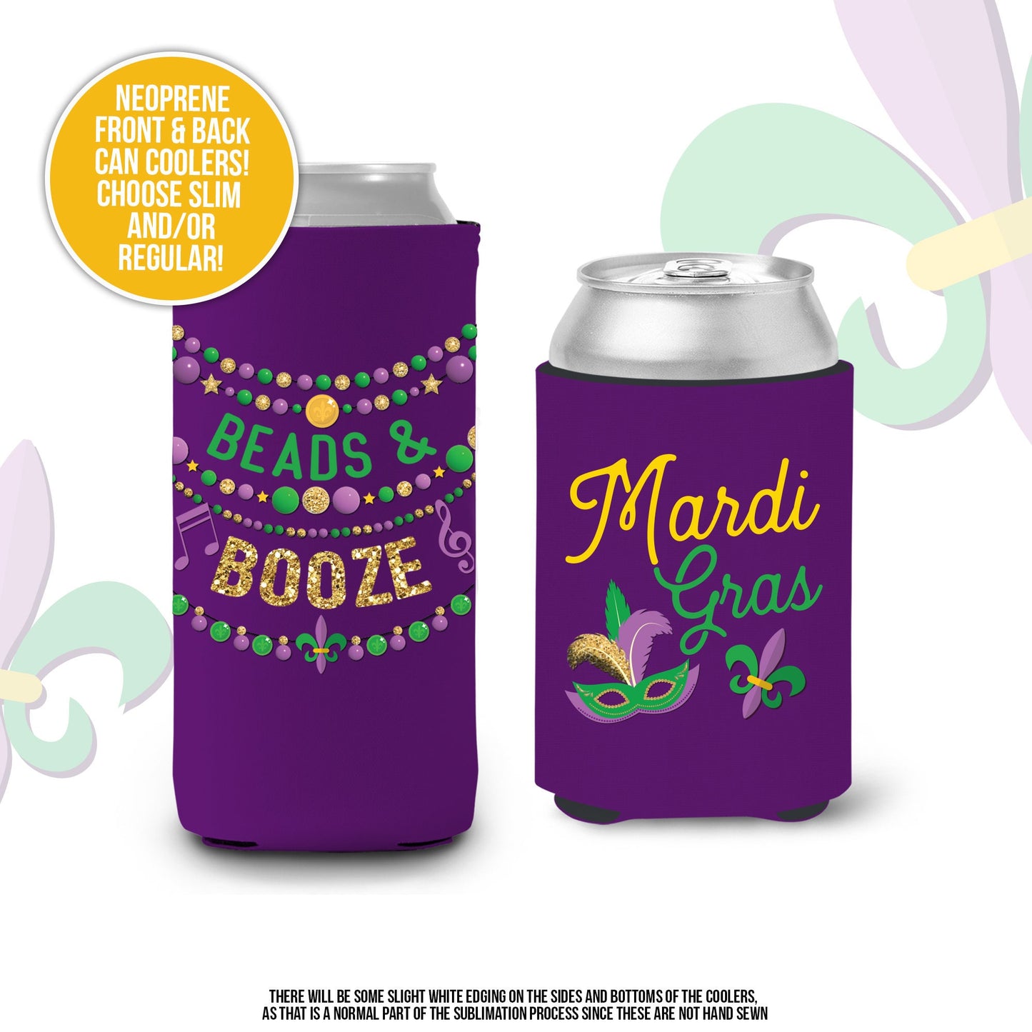 Mardi Gras party can coolies | beads & booze regular or slim can coolies | beverage insulators for mardi gras parade and parties MCC-072
