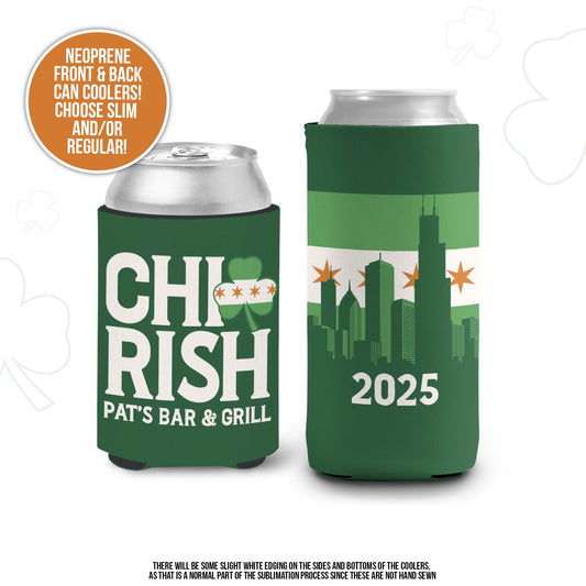 St. Patrick's Day can coolers hugs coolies chicago themed chi-rish st pats party can coolies huggies regular and slim sizes chicago MCC-179