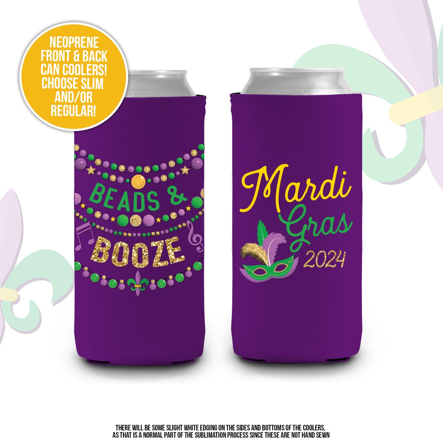 Mardi Gras party can coolies | beads & booze regular or slim can coolies | beverage insulators for mardi gras parade and parties MCC-072