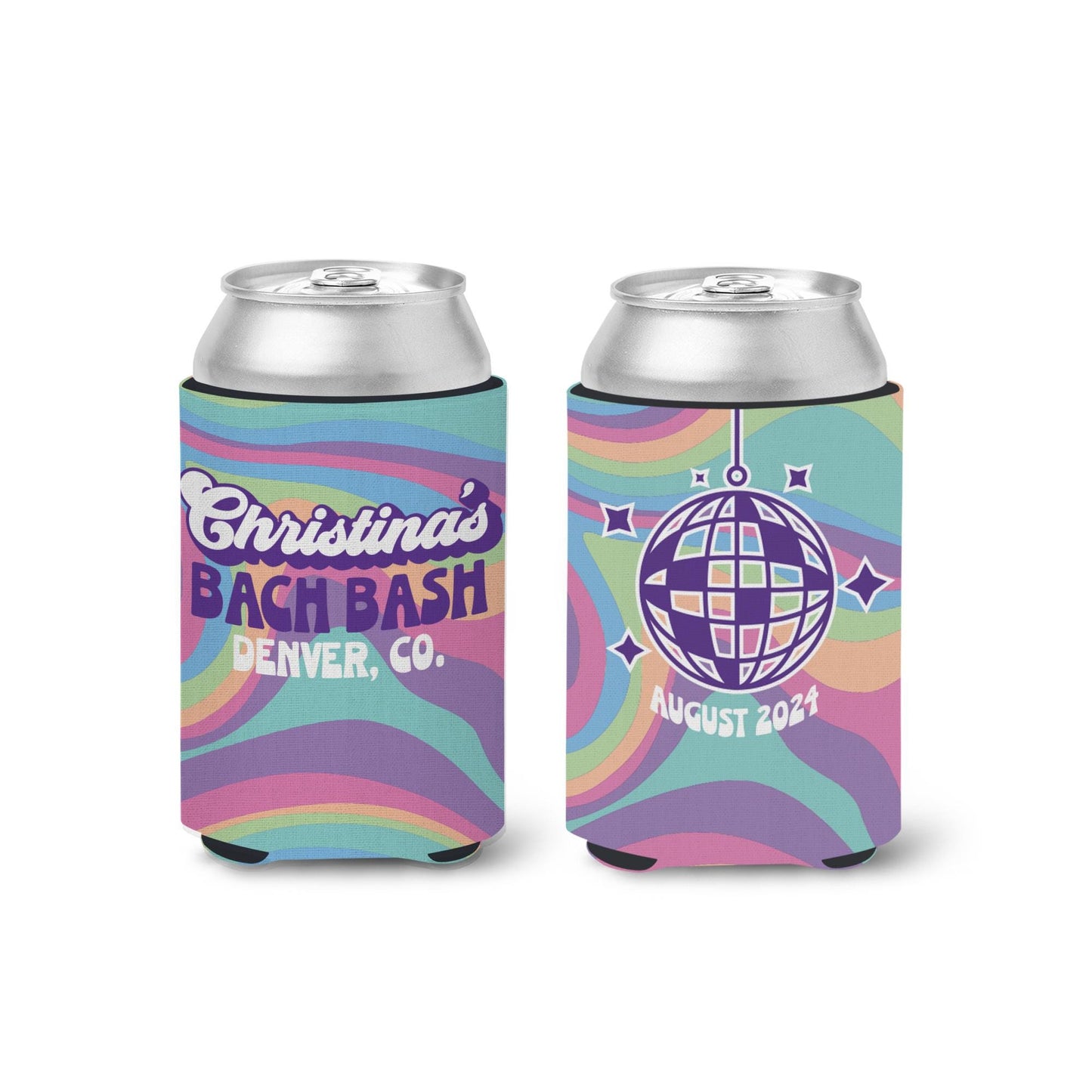 disco groovy colorful bachelorette can coolies wavy colors personalized custom bachelorette party favors can coolers hugs regular or slim