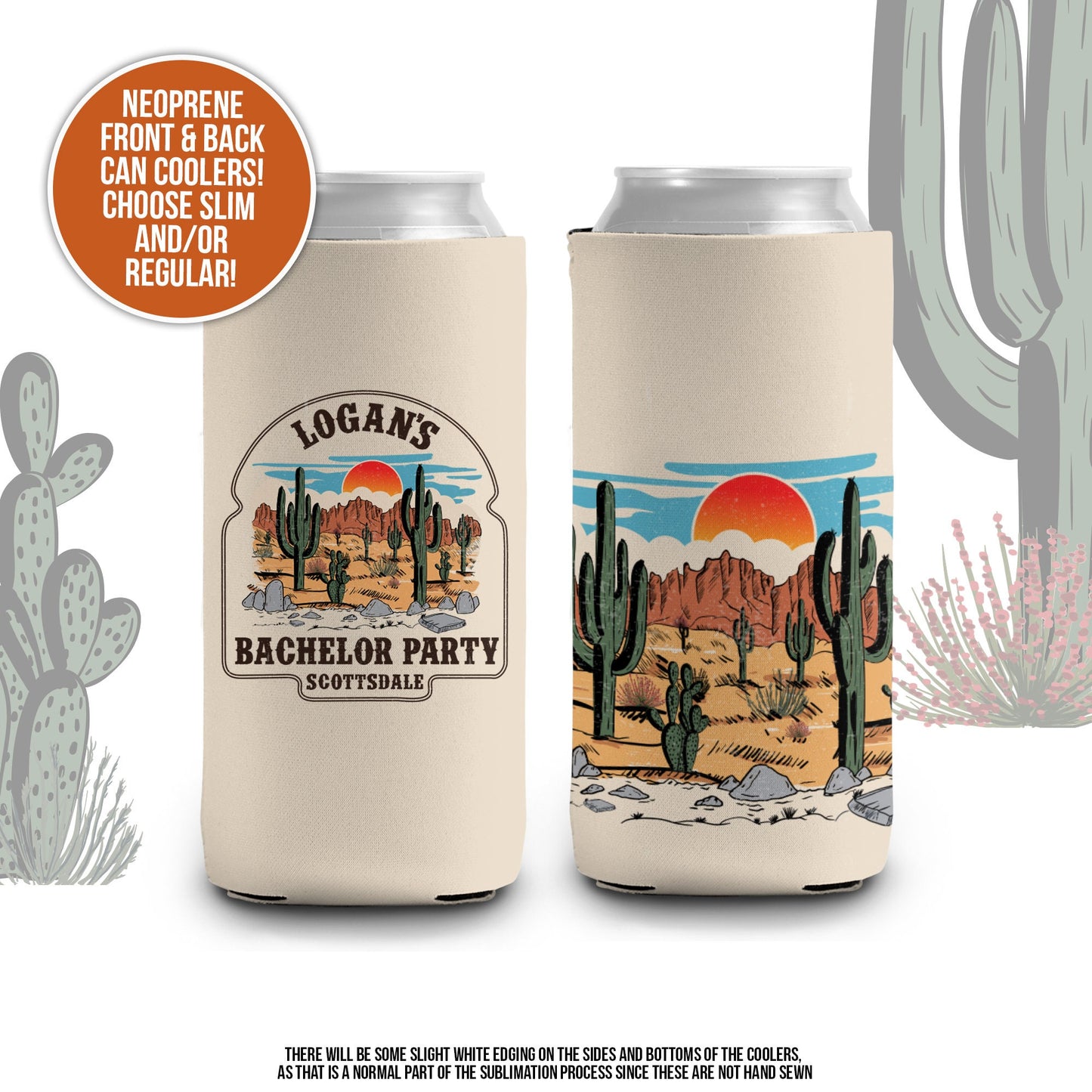 Bachelor party can coolies | desert cactus personalized beverage insulators | slim or regular can size party favors MCC-315