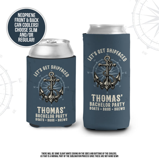 Bachelor party can coolies | let's get shipfaced personalized beverage insulators | slim or regular can size party favors MCC-255