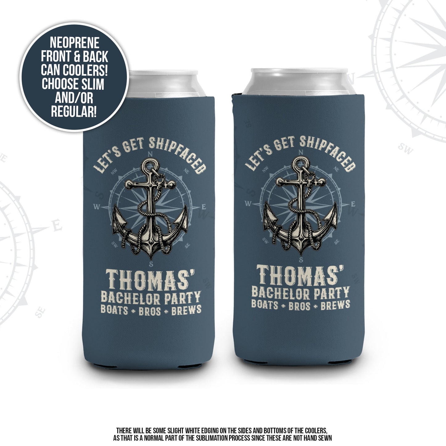 Bachelor party can coolies | let's get shipfaced personalized beverage insulators | slim or regular can size party favors MCC-255