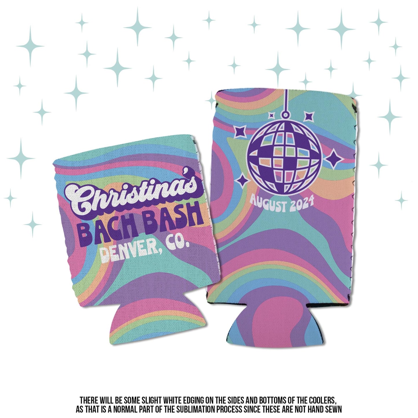disco groovy colorful bachelorette can coolies wavy colors personalized custom bachelorette party favors can coolers hugs regular or slim