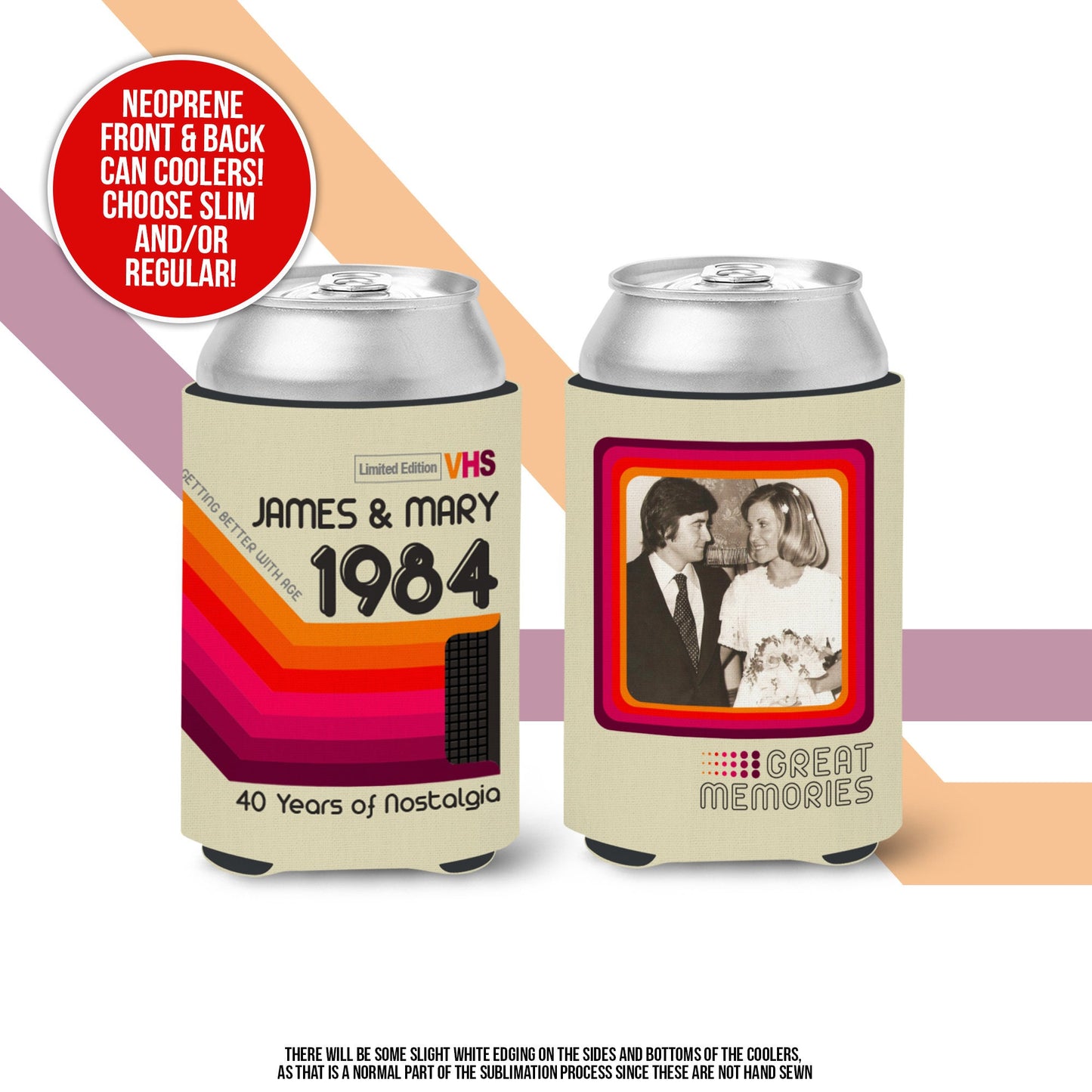 wedding anniversary party favors slim or regular can coolie | personalized great memories nostalgia can cooler retro anniversary MCC-172-A