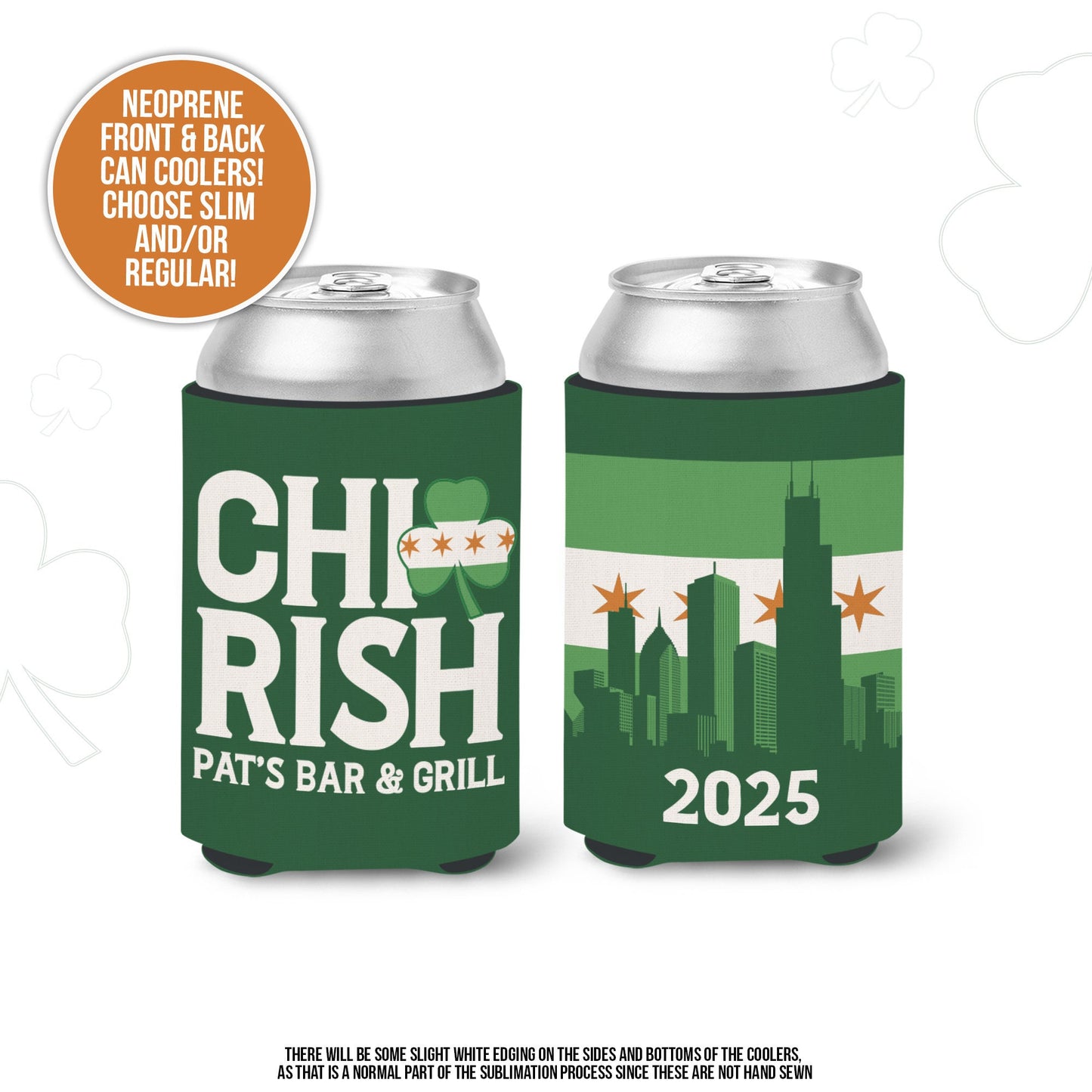 St. Patrick's Day can coolers hugs coolies chicago themed chi-rish st pats party can coolies huggies regular and slim sizes chicago MCC-179