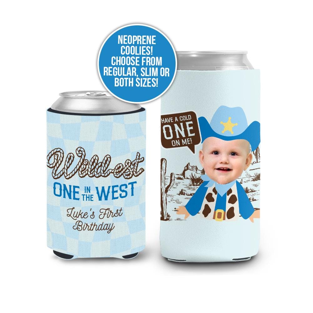 Wildest ONE in the West Boy Cowboy Birthday Can Coolie Funny Face Photo First Birthday Western Theme – This ONE’s On Me Slim Regular Coolie