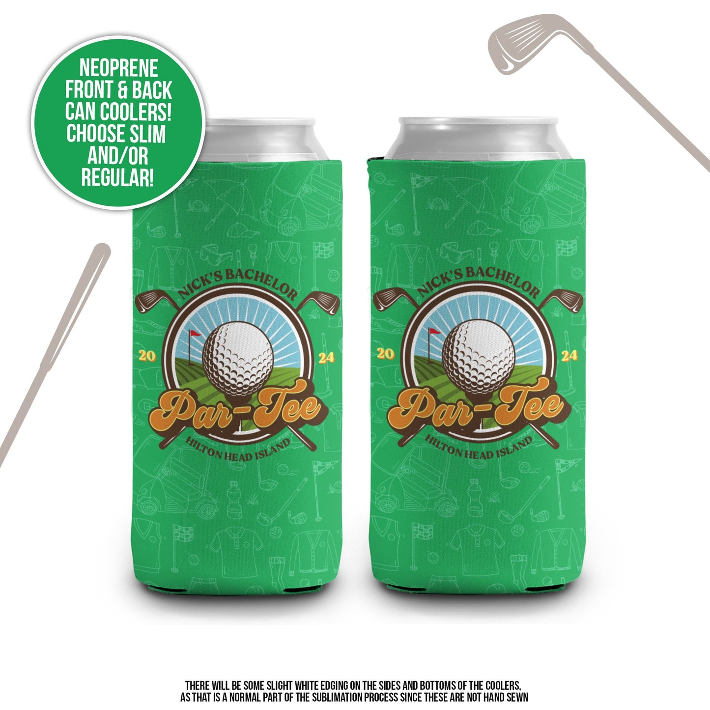 Bachelor party can coolies | personalized golf trip bachelor par-tee beverage insulator | slim or regular can size golf party favors MCC-173